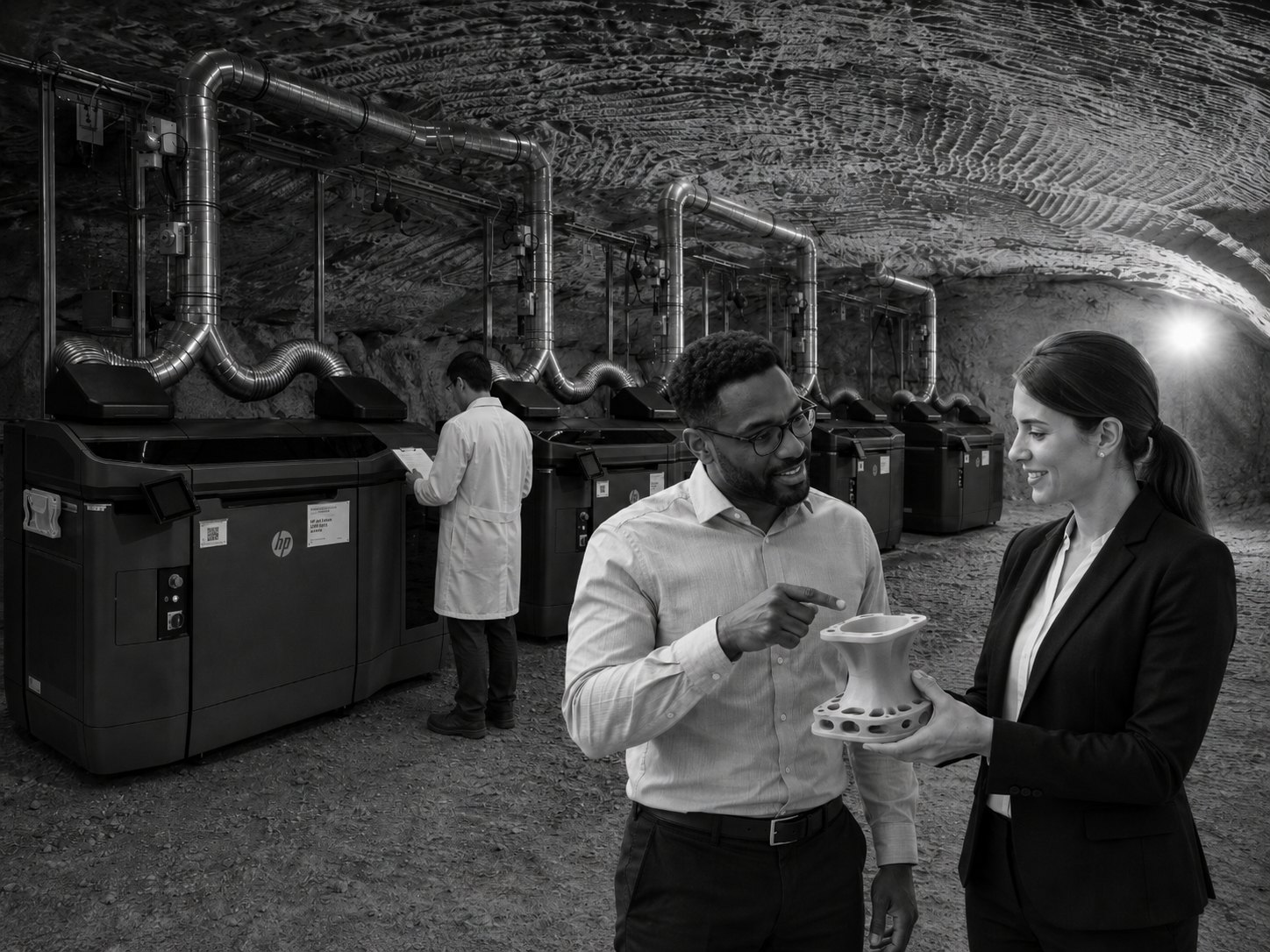 Digital-manufacturing print bank in the mine, engineers presenting a finished part