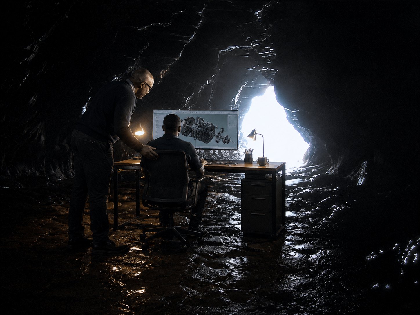 Fertile Mined engineers reviewing a CAD model deep in the mine, light breaking through